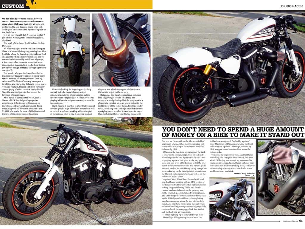 SPORTSTER 883 RACER BY LORD DRAKE KUSTOMS. AMERICAN V MAGAZINE (UK)