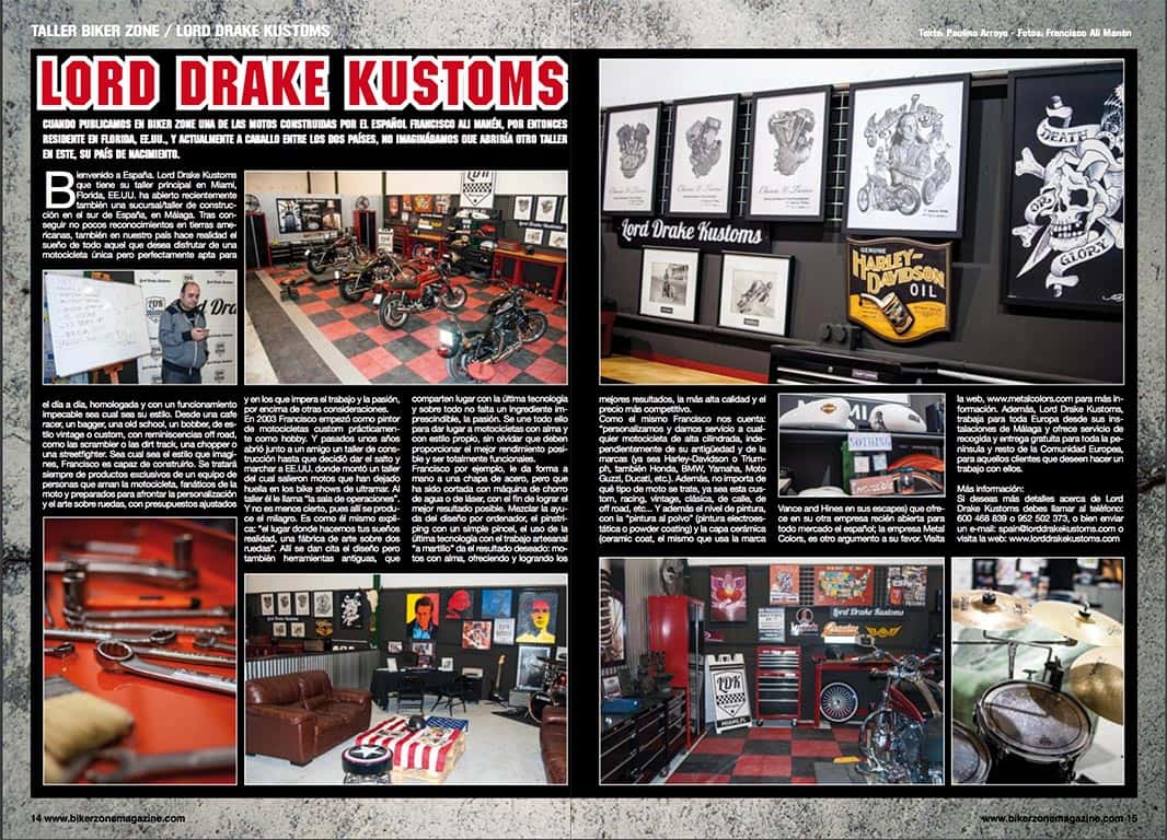 Full report of Lord Drake Kustoms workshop in Biker Zone magazine