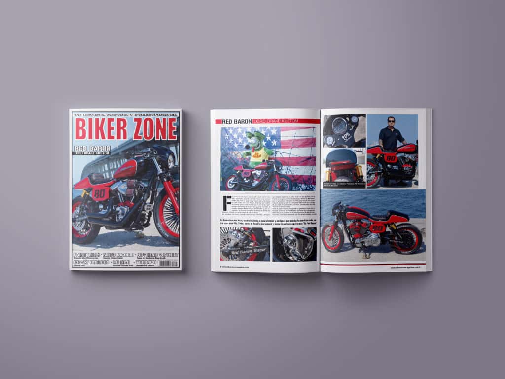 Cover of Dyna “Red Baron” by Lord Drake Kustoms in Biker Zone magazine