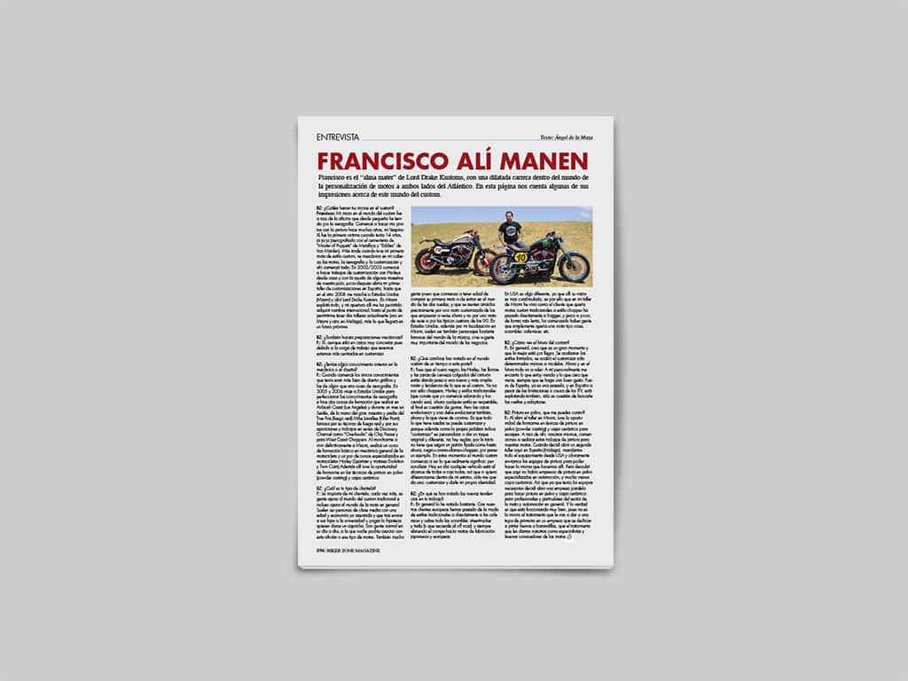 Entrevista a Francisco Alí Manén, propietario de Lord Drake Kustoms en la revista Biker Zone