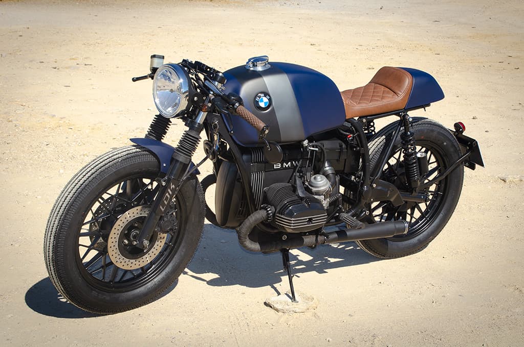BMW R65 Cafe Racer "Blue" by Lord Drake Kustoms being showing in a right-to-left little perspective