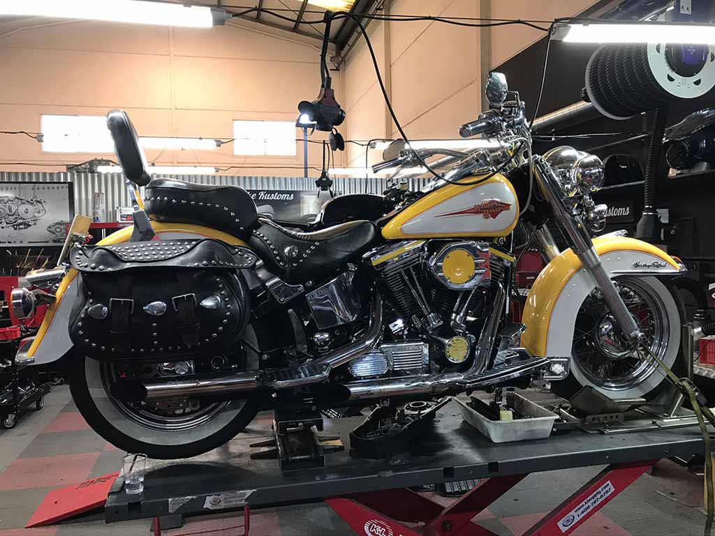 Yellow Harley Davidson in Lord Drake Kustoms workshop