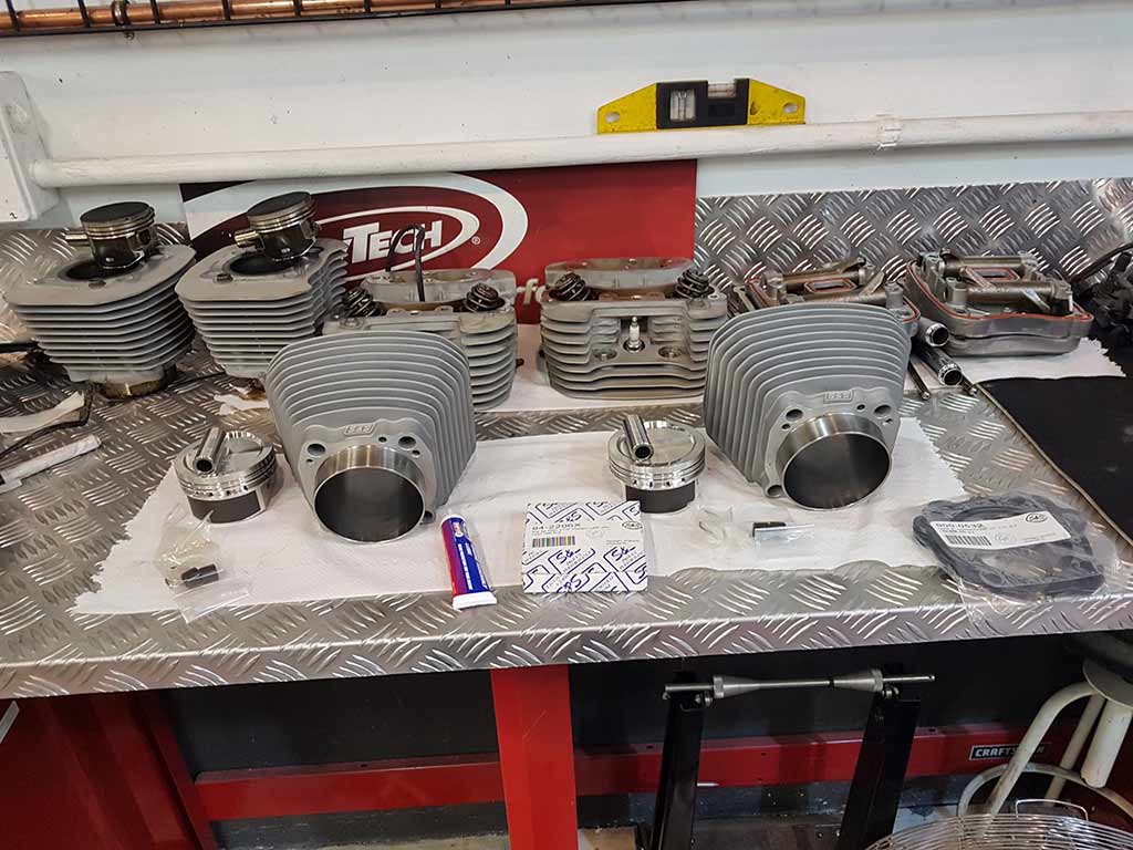 Motorcycle engine parts in Lord Drake Kustoms workshop