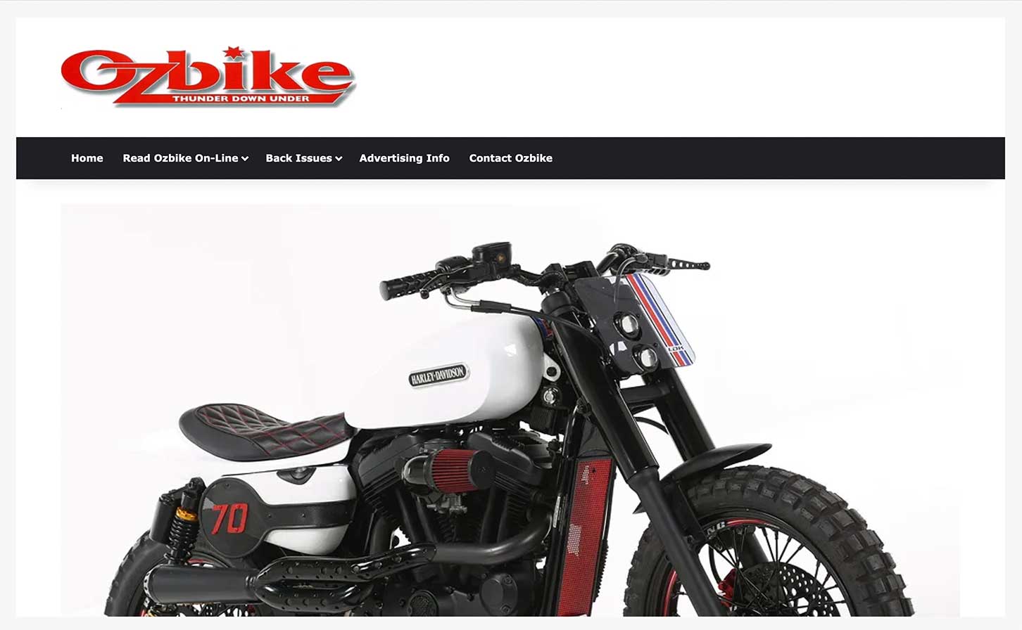 Captura de pantalla de revista australiana OZBike con reportaje sobre la moto Seventy de Lord Drake Kustoms